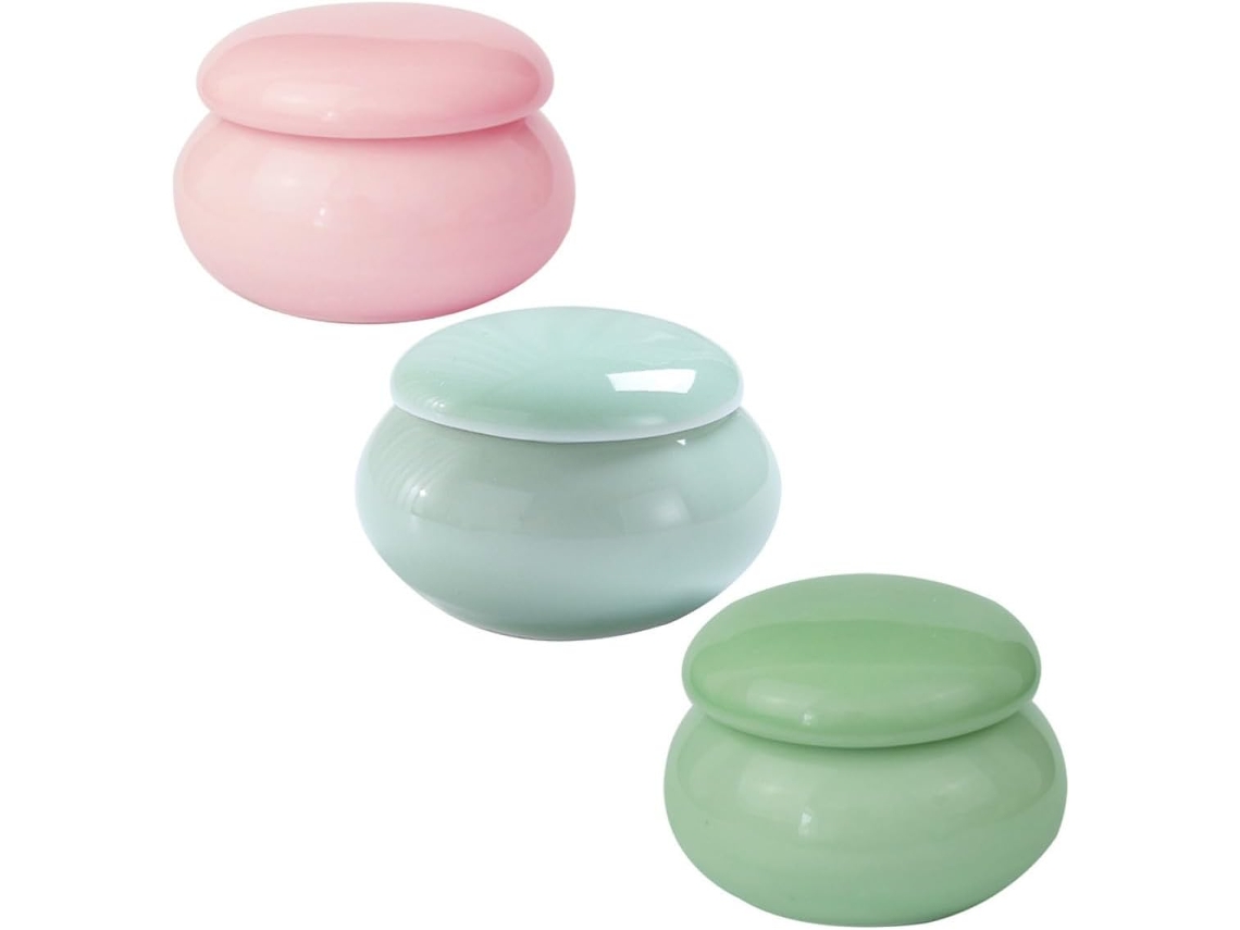Conjunto de 3 peças de caixas organizadoras de maquiagem em cerâmica com tampa, ideais para guardar cosméticos.