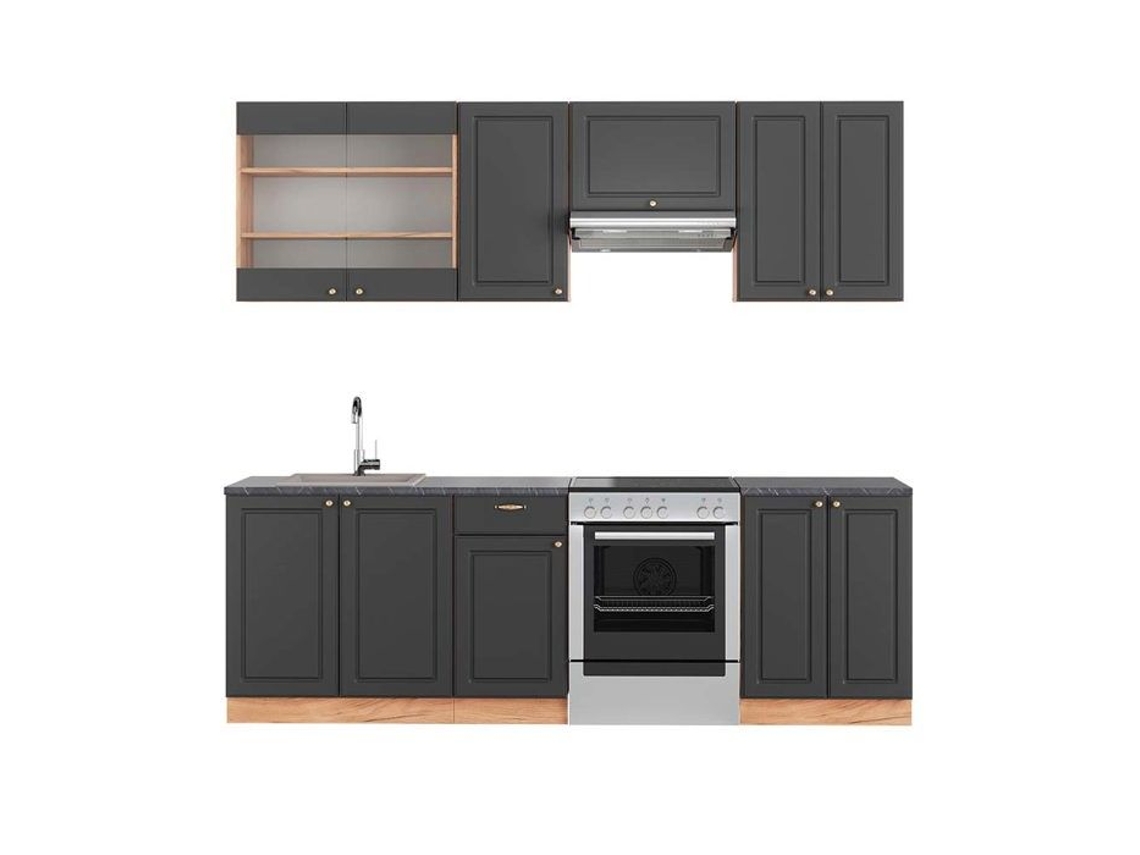 Cozinha Fame-Line, 240 cm, PT Antracite, Country Antracite/Carvalho Dourado, Vicco