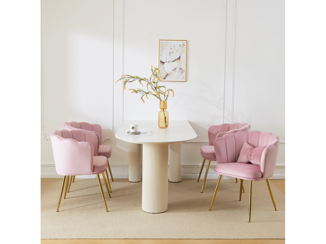 Conjunto De 4 Cadeiras Em Veludo Com Encosto Em Forma De Pétala Pés Em Metal Dourado Rosa Estilo