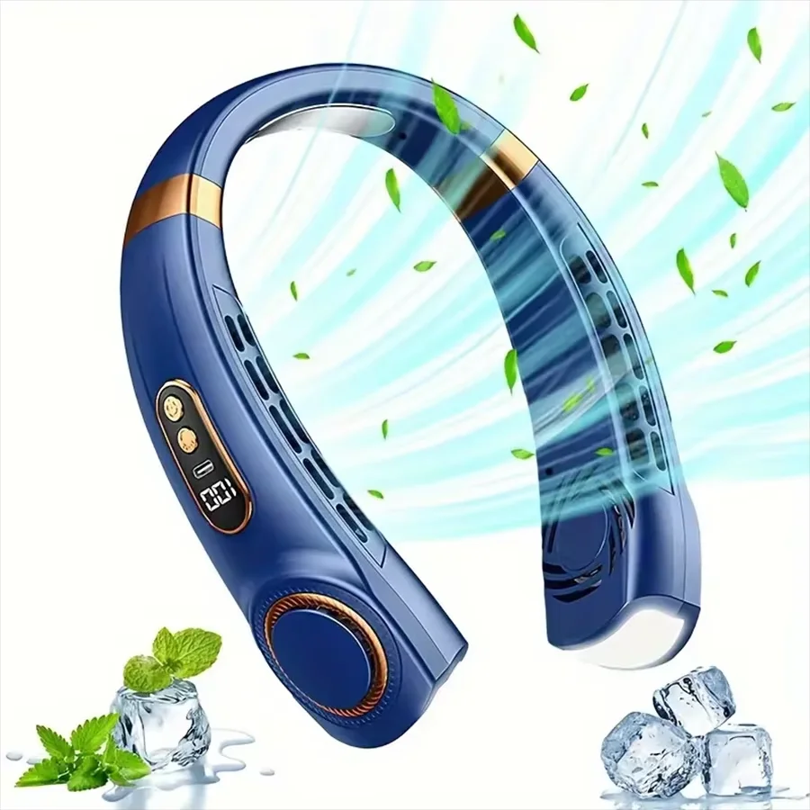Ventilador de Pescoço Portátil, 5 Velocidades de Vento, Visor Led, Efeitos de Iluminação Coloridos MDUG (azul)