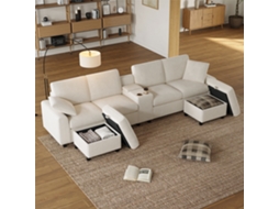 Sofá Em Forma De U 315x81x135 Cm 2 Pufes Com Arrumação, Mesa, 2 Porta Copos, Usb, Tomadas Bege Mobrio