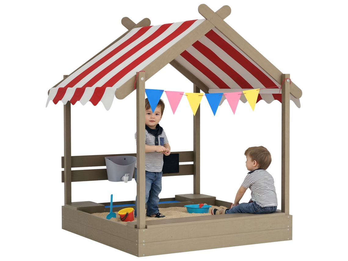 Caixa de Areia Infantil em Madeira Maciça, Cobertura Solar e Brinquedos, 124x116x146 Cm, Cinza