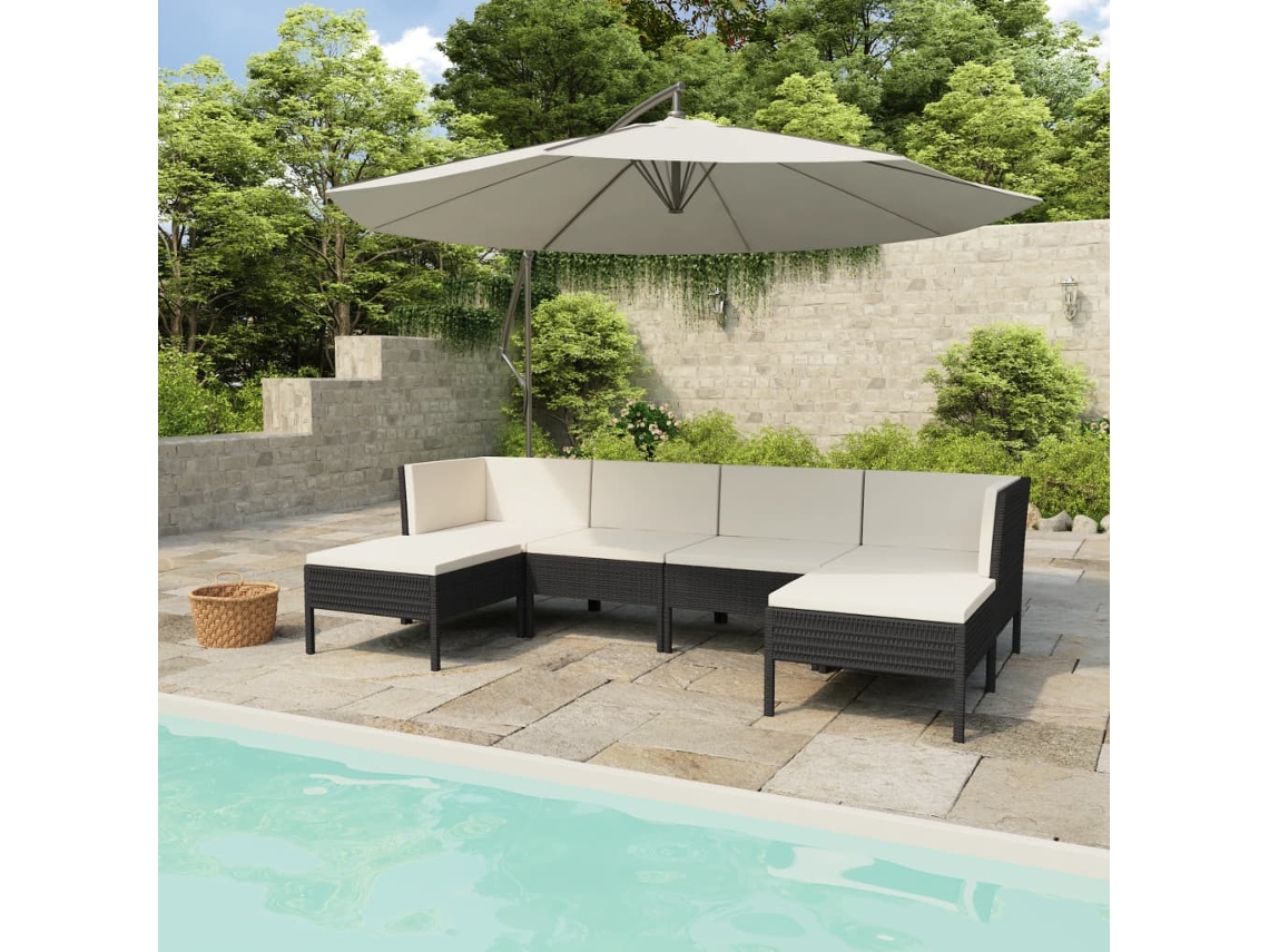 Vidaxl 6 Pcs Conjunto Lounge De Jardim C/ Almofadões Vime Pe Preto