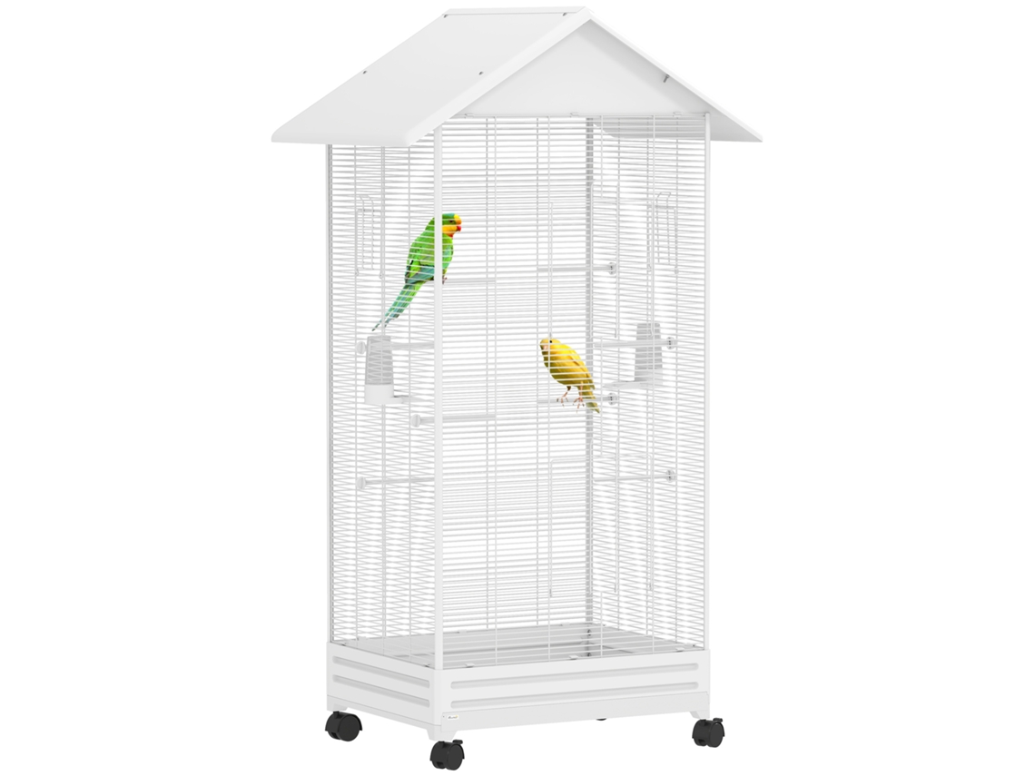 Gaiola para Pássaros com Rodas 79x65x155 Cm Gaiola Grande com 2 Comedouros 8 Poleiros e Bandeja Removível Branca Ge