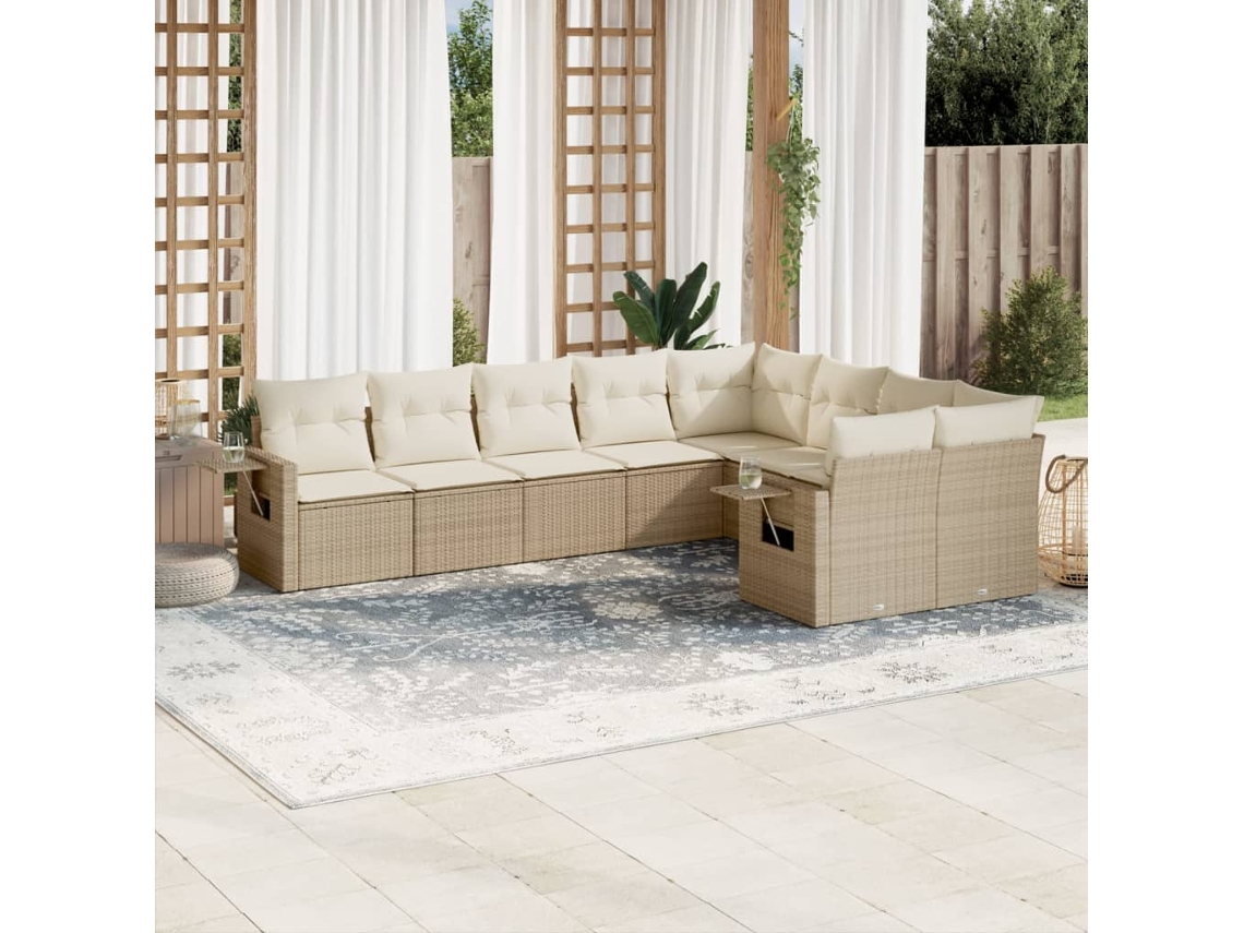 Vidaxl 9 Pcs Conjunto De Sofás P/ Jardim Com Almofadões Vime Pe Bege