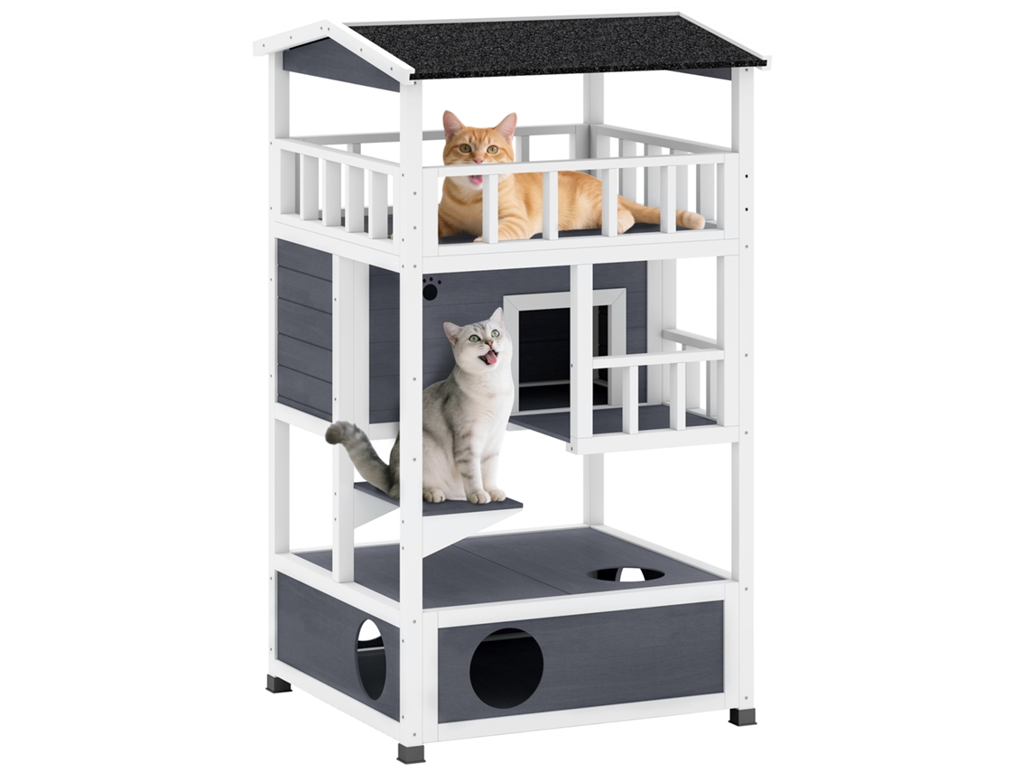 Caseta de Madeira para Gatos com Plataformas, 75,5x75x137cm E-TOWN COMMERCE GMBH