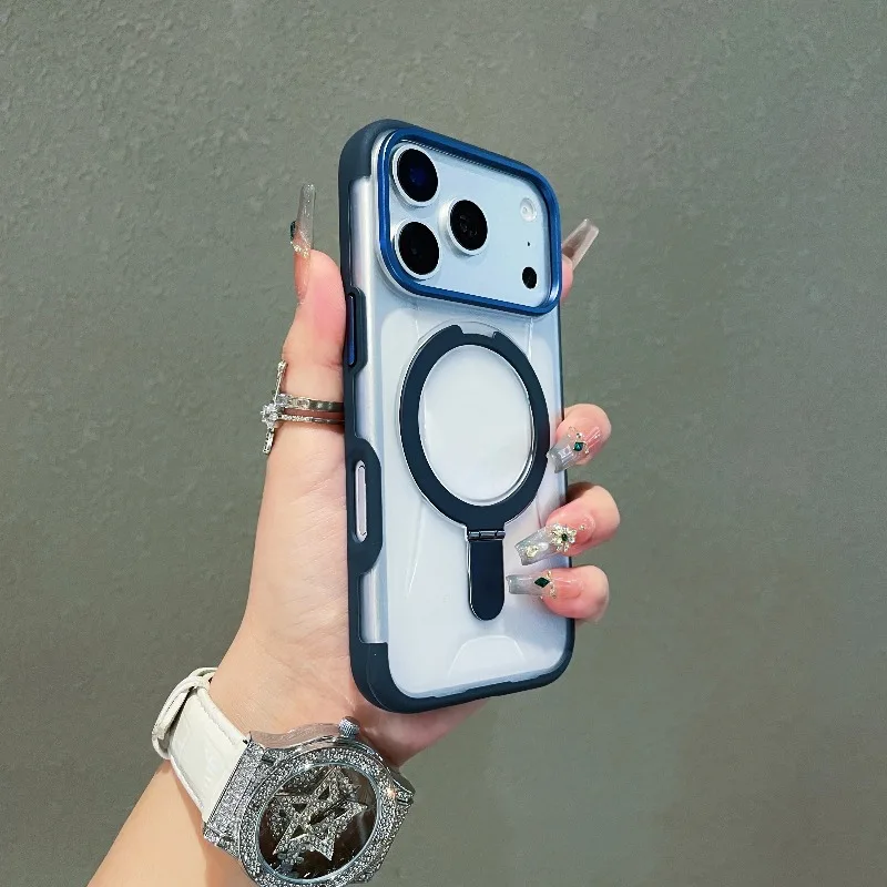 Capa Magnética Para Iphone 17 (azul) Com Suporte De Anel De Metal Transparente E Acabamento Fosco.