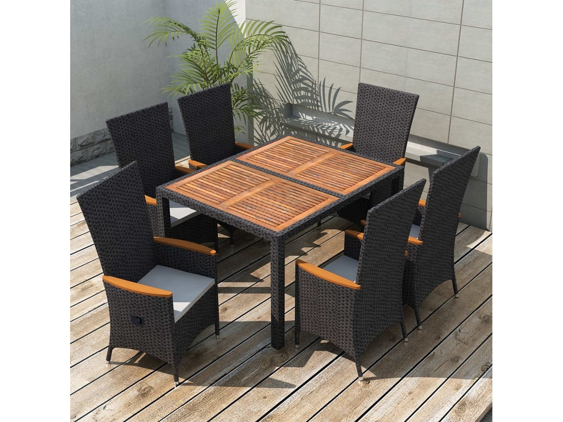 Conjunto 7 Peças Jantar P/ Exterior Vime Pe Madeira Acácia Preto Dkd Home Decor
