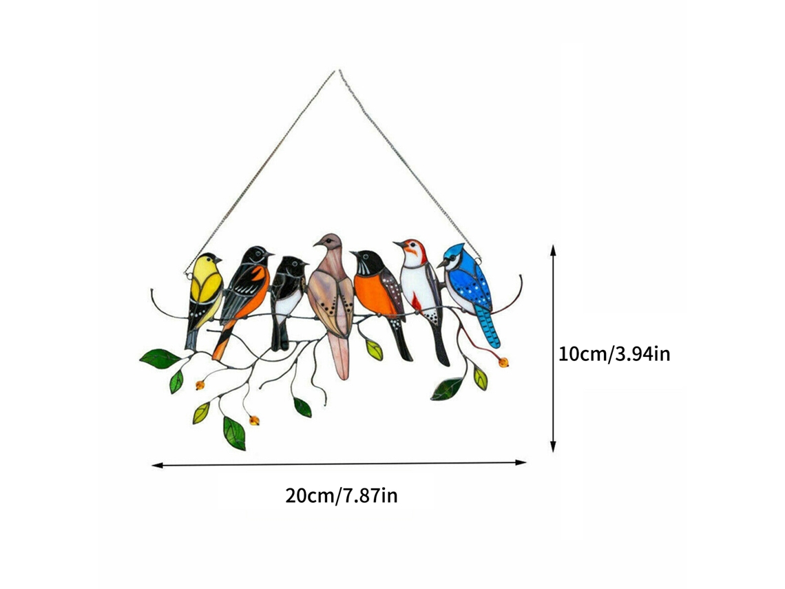 Pingente de Pássaros Multicolor em Fio para Janela Acrílico Decorativo Jardim Casa Primavera 7 Pássaros