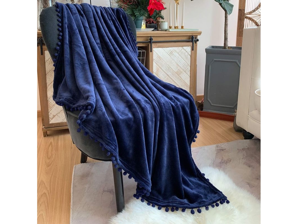 2026-manta Flannel Com Frunços De Pompons Leve Suave Quente Para Sofá Cama Todas As Estações Azul Marino 51x59 Polegadas