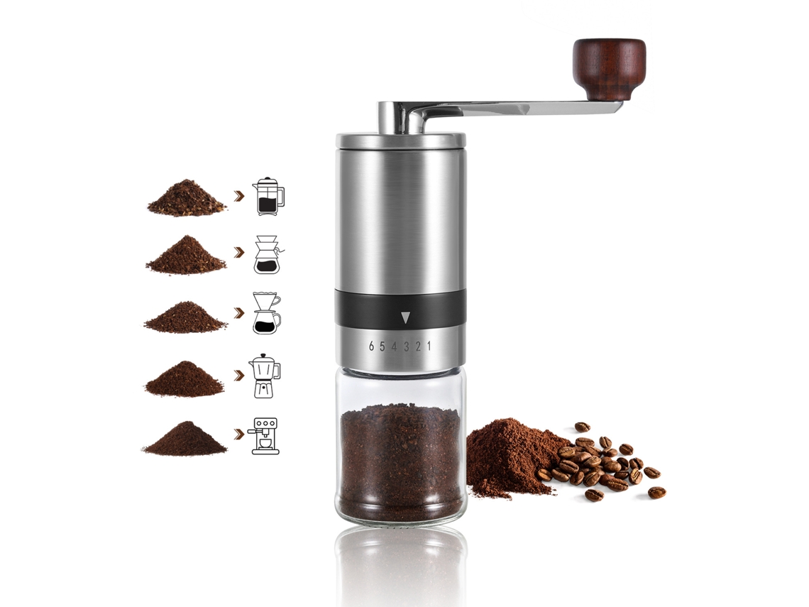 Moedor De Café Manual 6 Configurações, Cerâmica, Portátil, Prata, K4, Para Espresso, Prensa Francesa E Café Coado, Uso Em Casa E Viagens