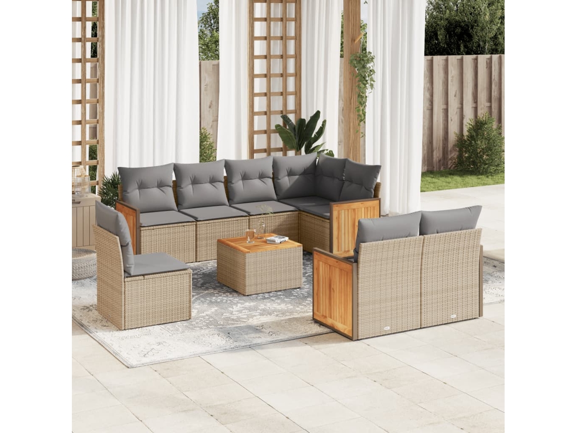 Vidaxl 9 Pcs Conjunto De Sofás P/ Jardim Com Almofadões Vime Pe Bege