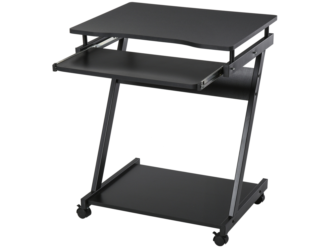 Secretária Para Computador Com Rodas 60x48 Cm Com Prateleira Deslizante Para Teclado E Inferior Estrutura Metálica Preto