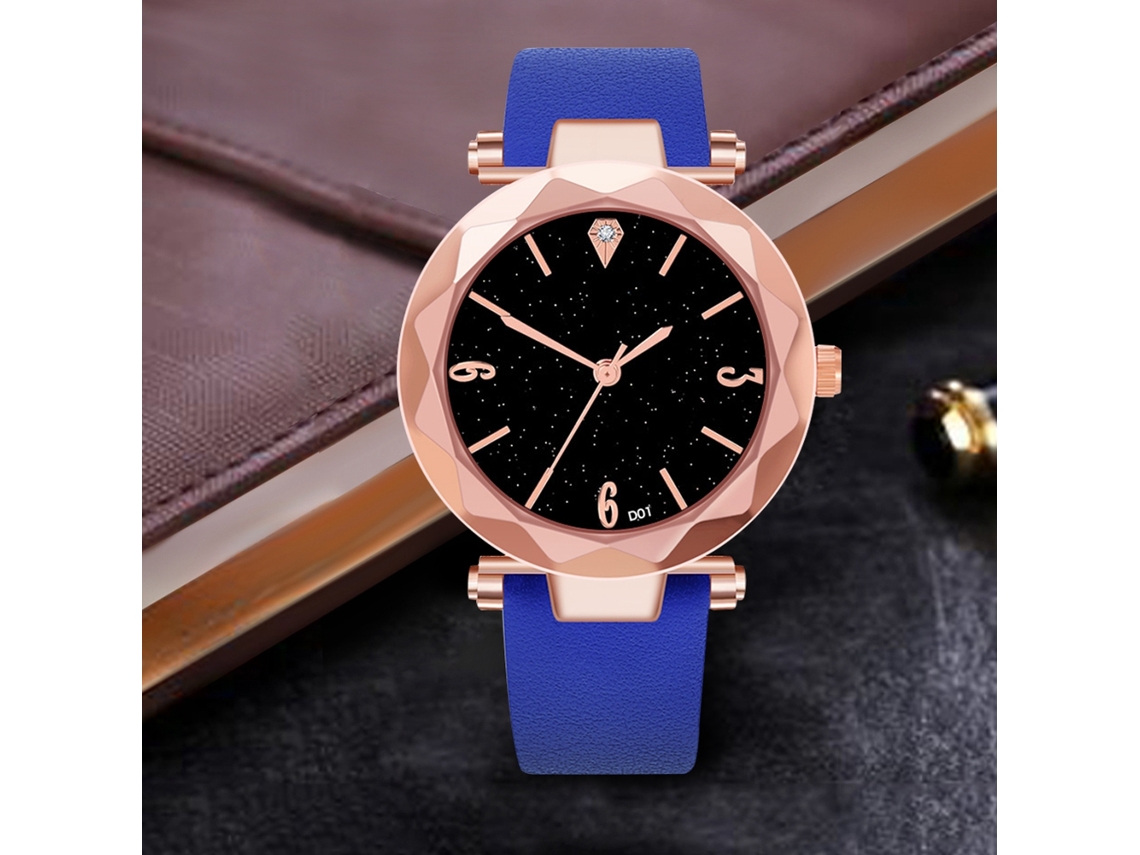 Relógio feminino de quartzo com pulseira de couro sintético e mostrador azul com céu estrelado.