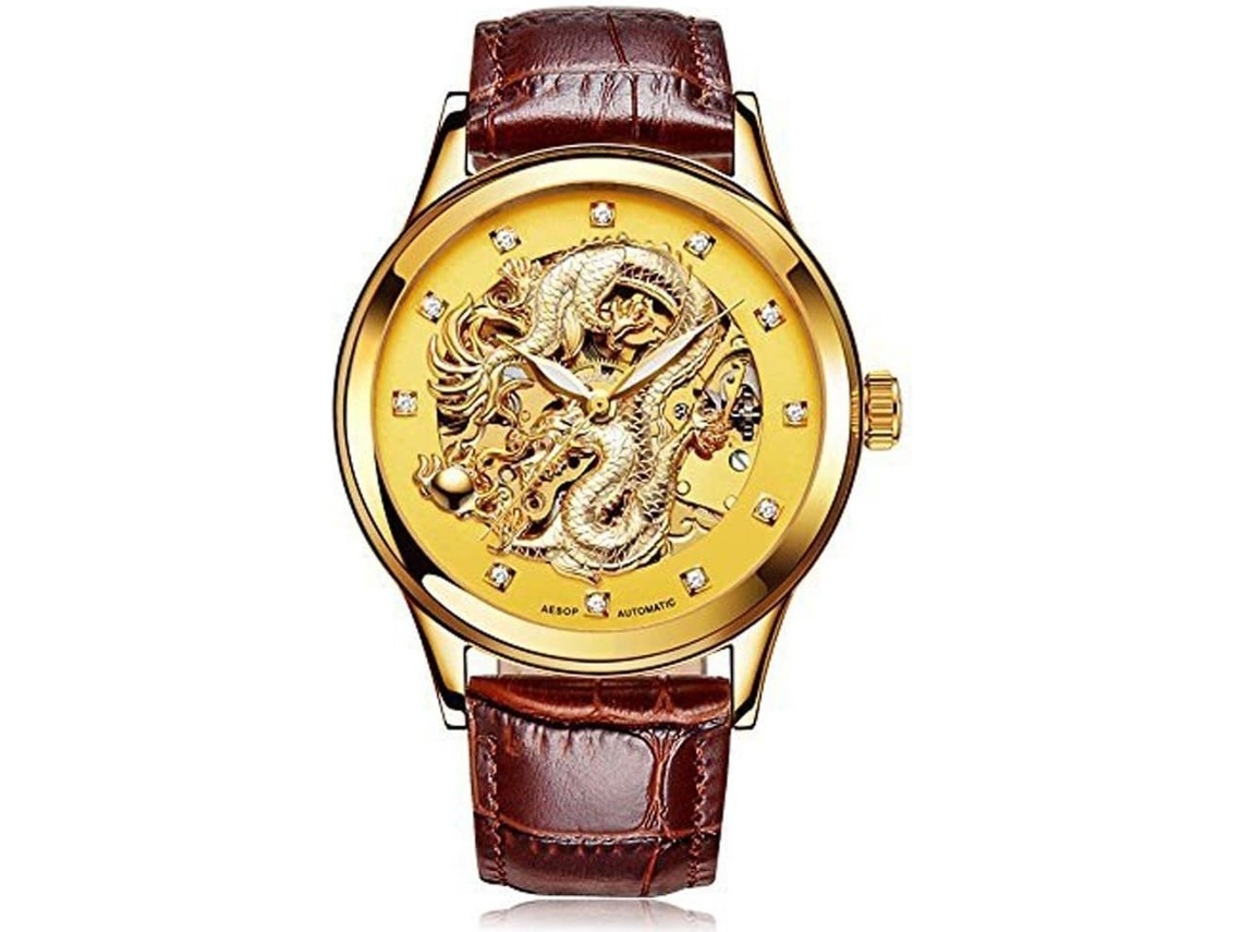 Lurelia Relógio Mecânico Masculino, Automático, Luminoso, Mostrador Esqueleto, Couro, Resistente À Água 30m, Dourado, Castanho