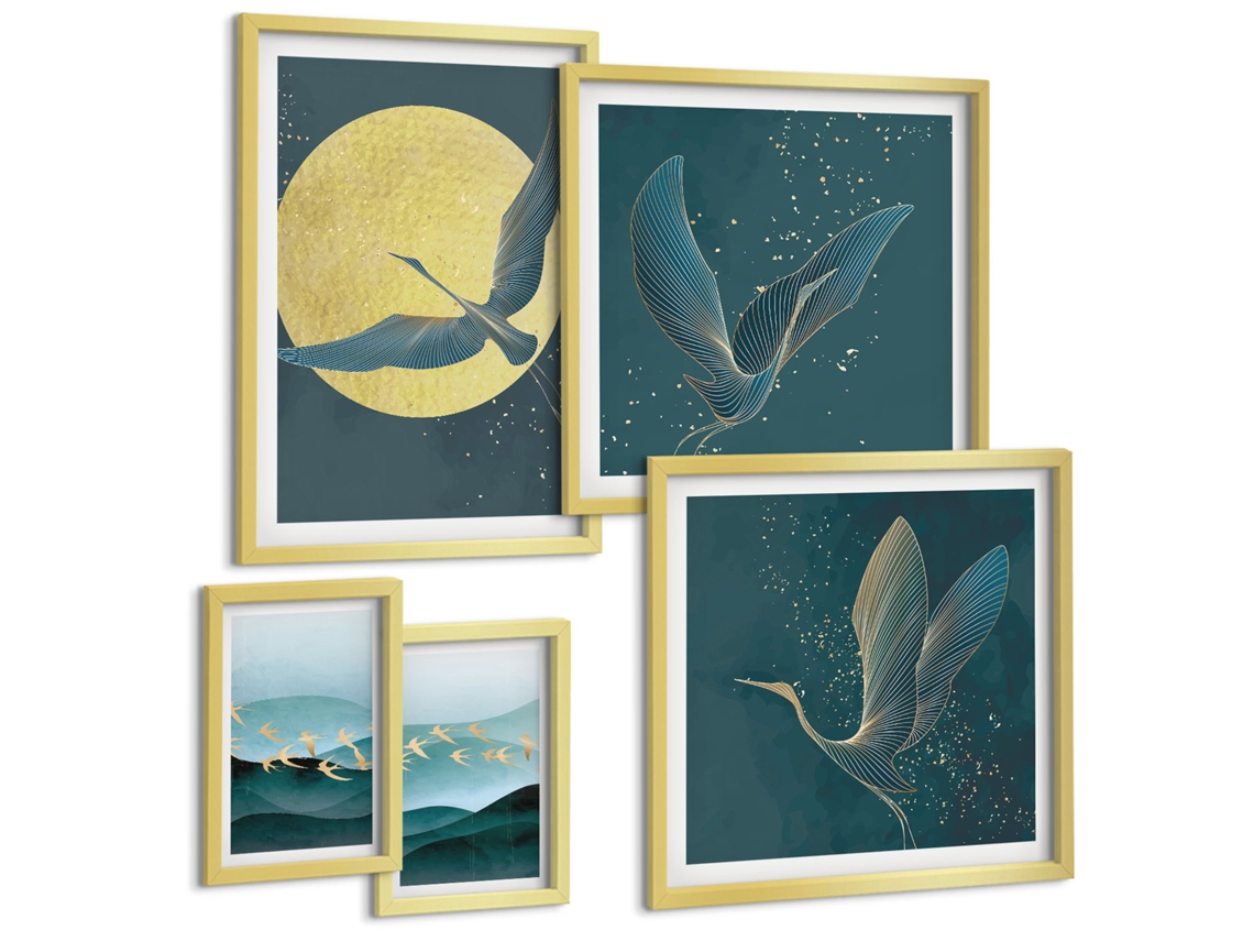 Conjunto De Pinturas Tinturas Abstratas Boho Vibrantes Moldura Prateada Quadros Para O Escritório Espelharte (conjunto De 5 Imagens)
