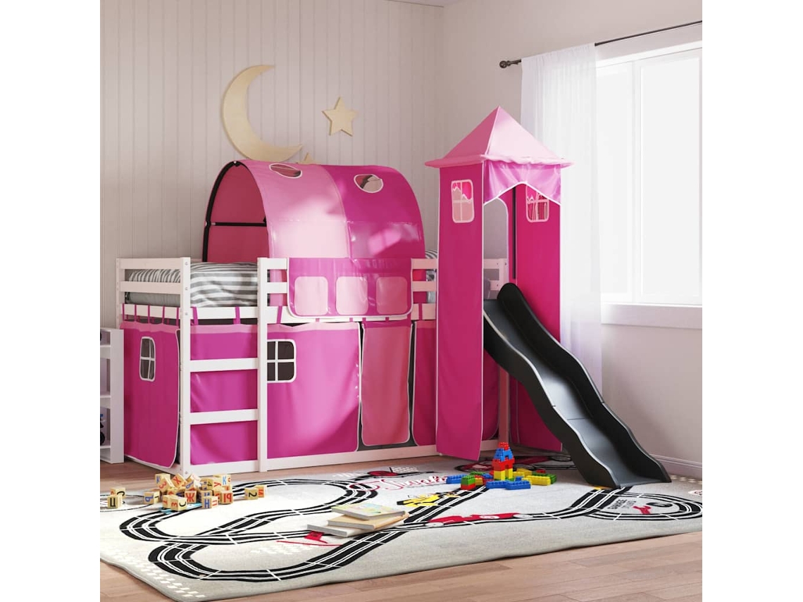 Vidaxl Beliche Com Escorrega E Cortinas 90x200 Cm Rosa