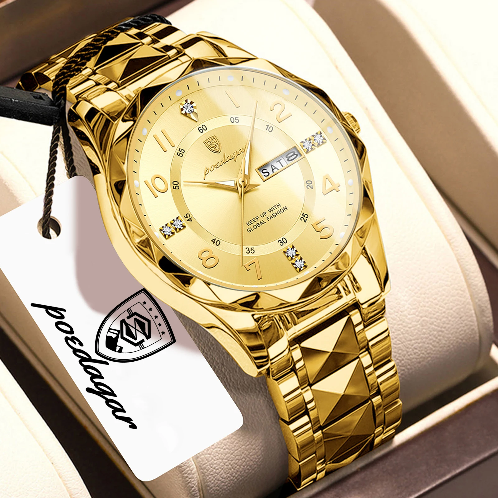 (dourado) Relógio De Quartzo Masculino Requintado E Luxuoso, Com Exibição De Data E Dia Da Semana, Um Relógio Ideal Para Homens De Negócios.