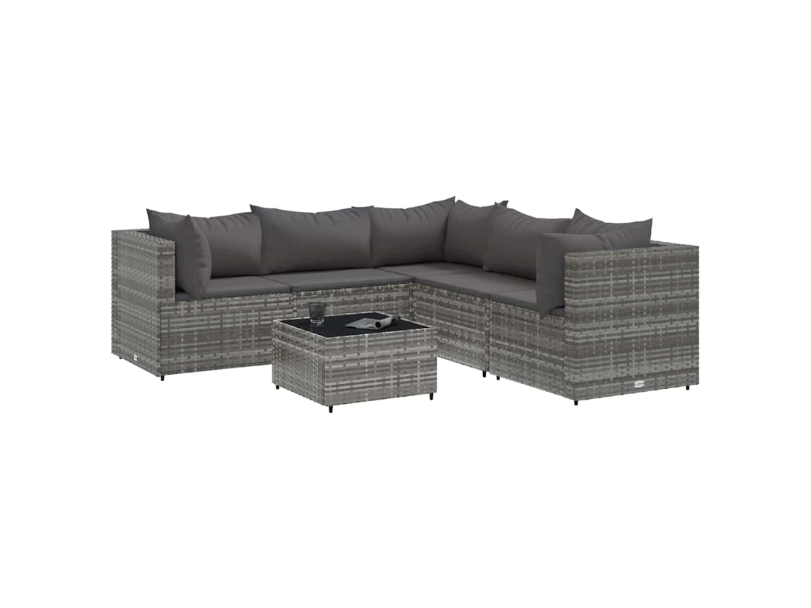 Conjunto 6 lounge de jardim c/ almofadões VIDAXL vime PE cinzento