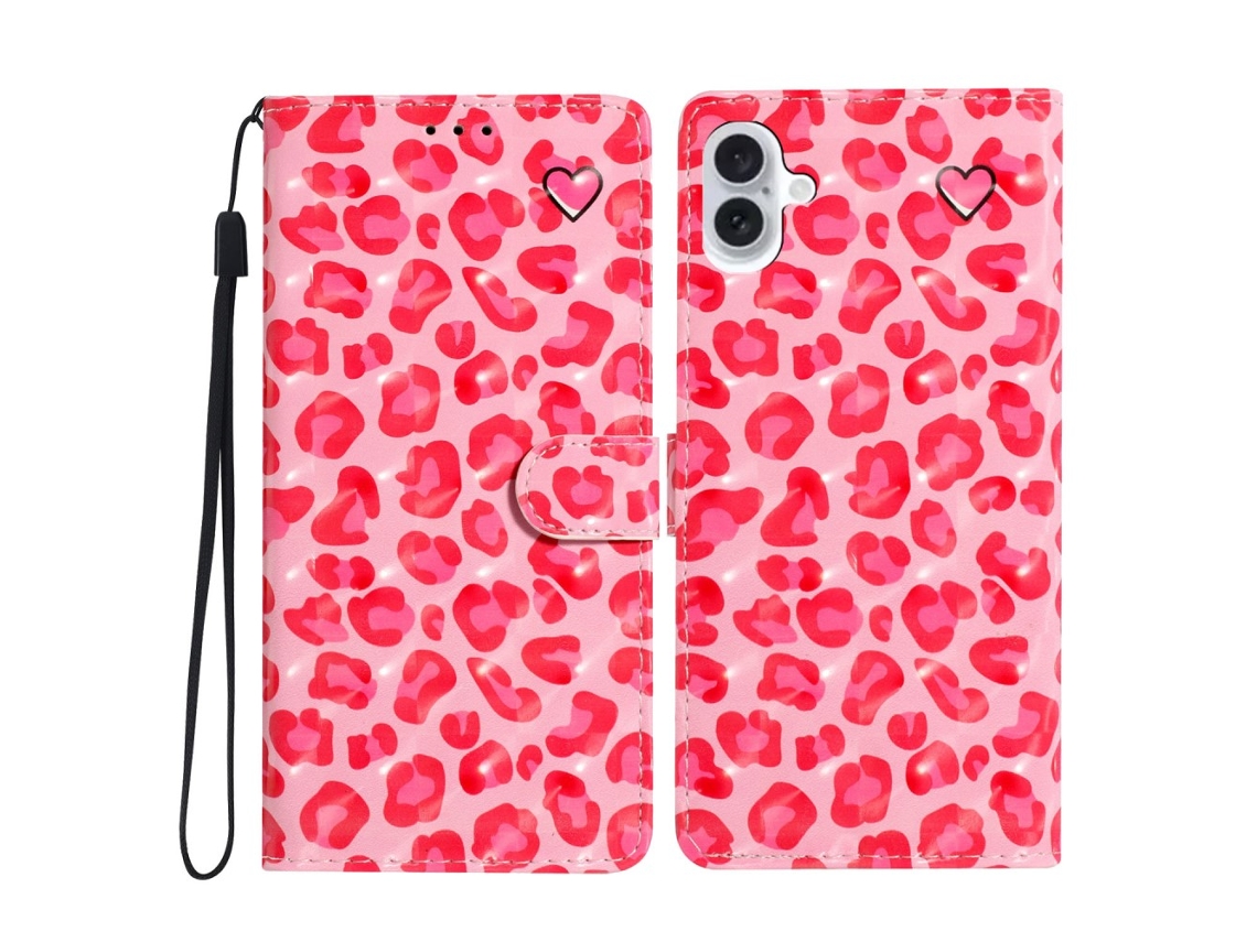 Capa Em Couro Pu Para Apple Iphone 16 - Estampado Leopardo Rosa