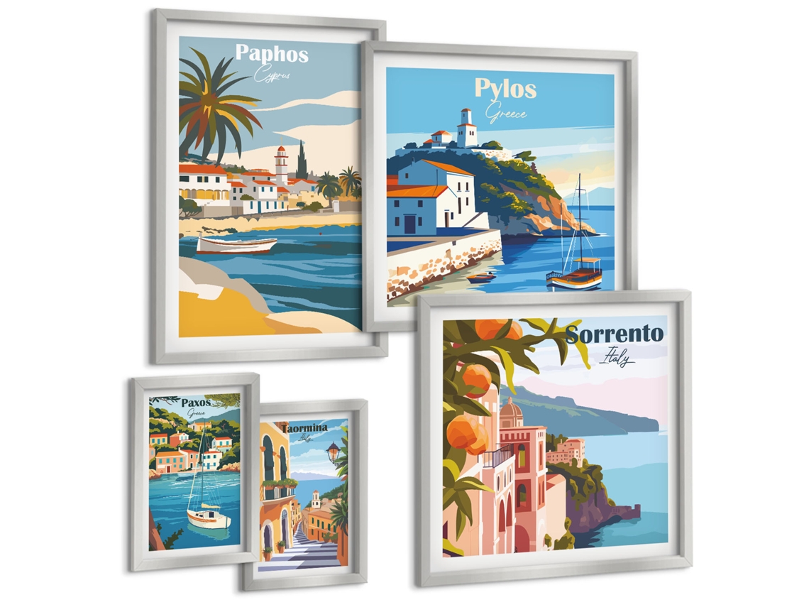Conjunto De Pinturas Paisagens Marítimas Da Europa Cidadezinhas Espelharte (5 Peças)