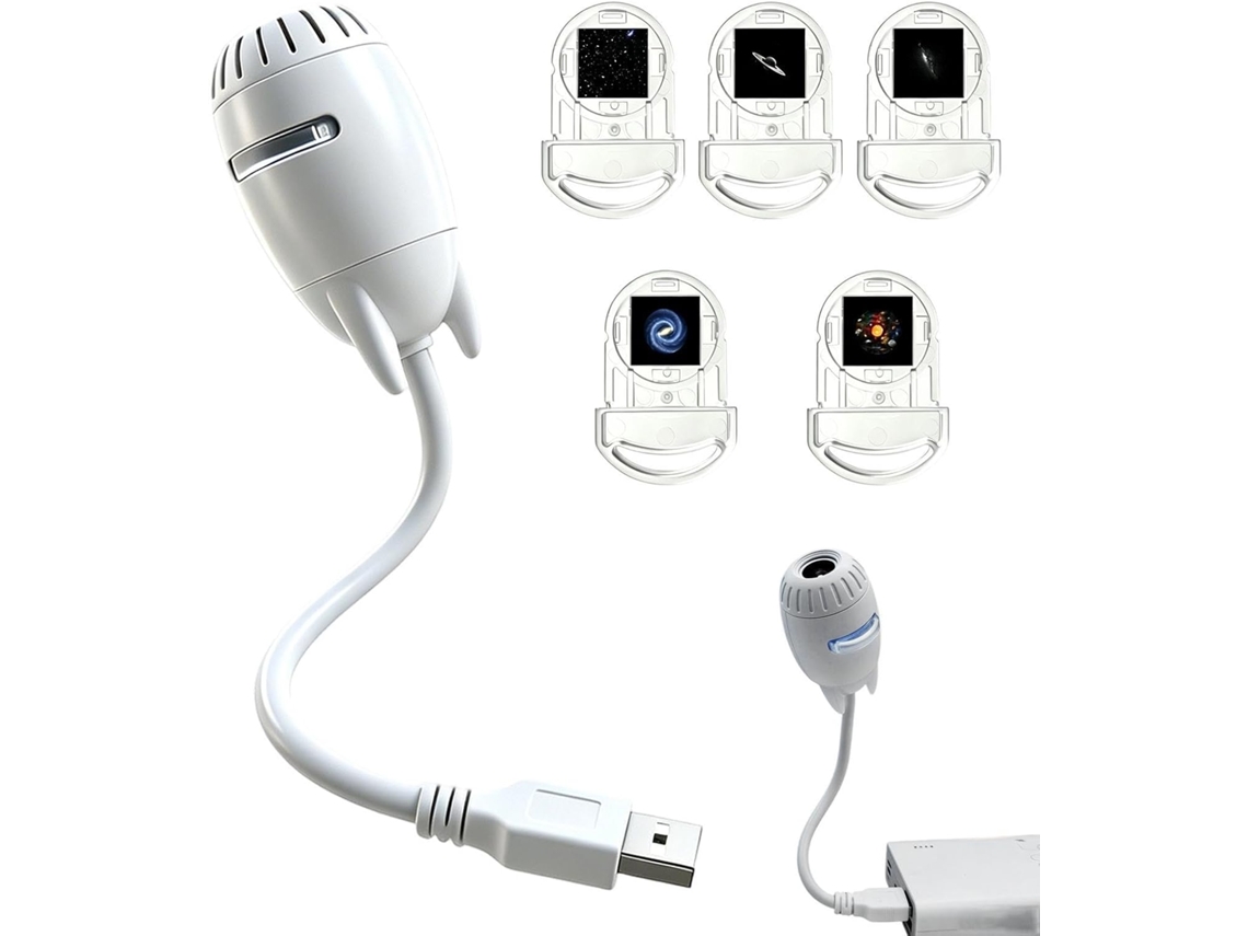 Projetor de galáxias com luz noturna e conexão USB, iluminação ajustável.
