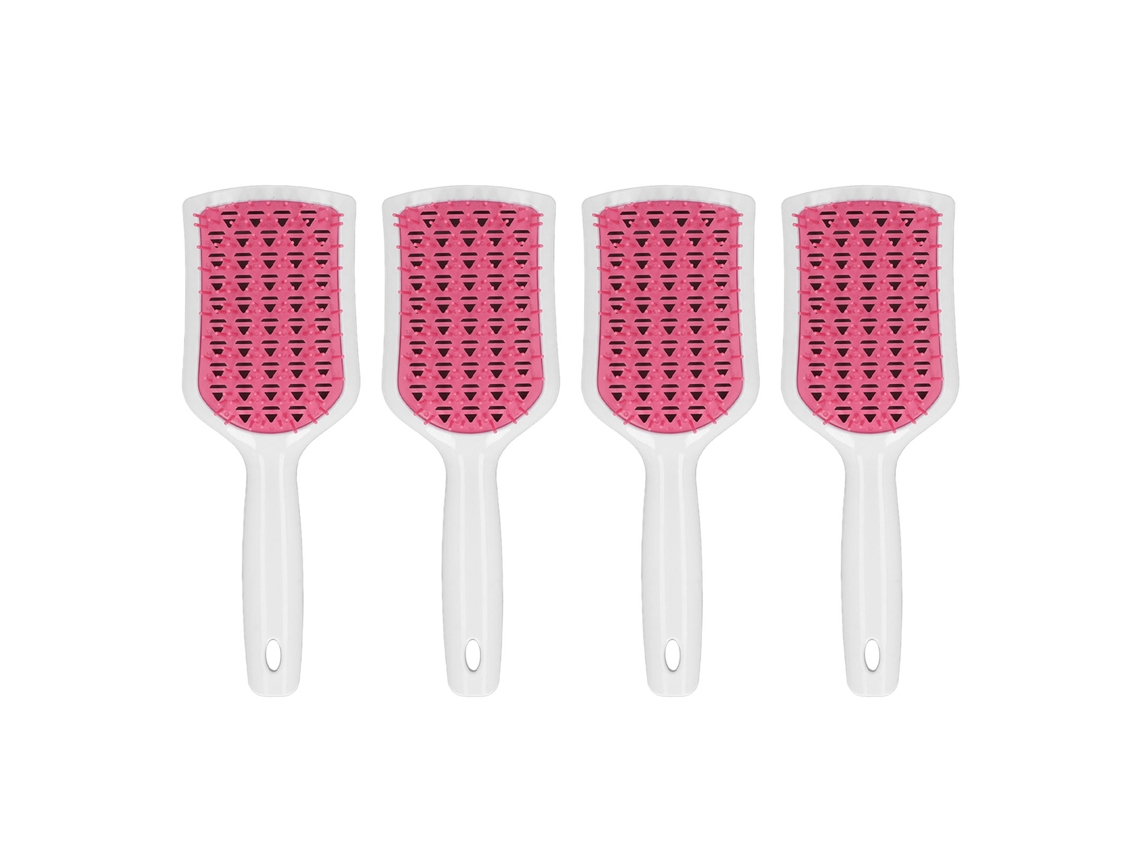 2026 Conjunto de 4 Escovas de Cabelo Curvas e Aeradas com Massageador de Remo para Desembaraçar Cabelos Grossos, Cabo Branco, Dentes Rosados, Ideal para Salão de Beleza