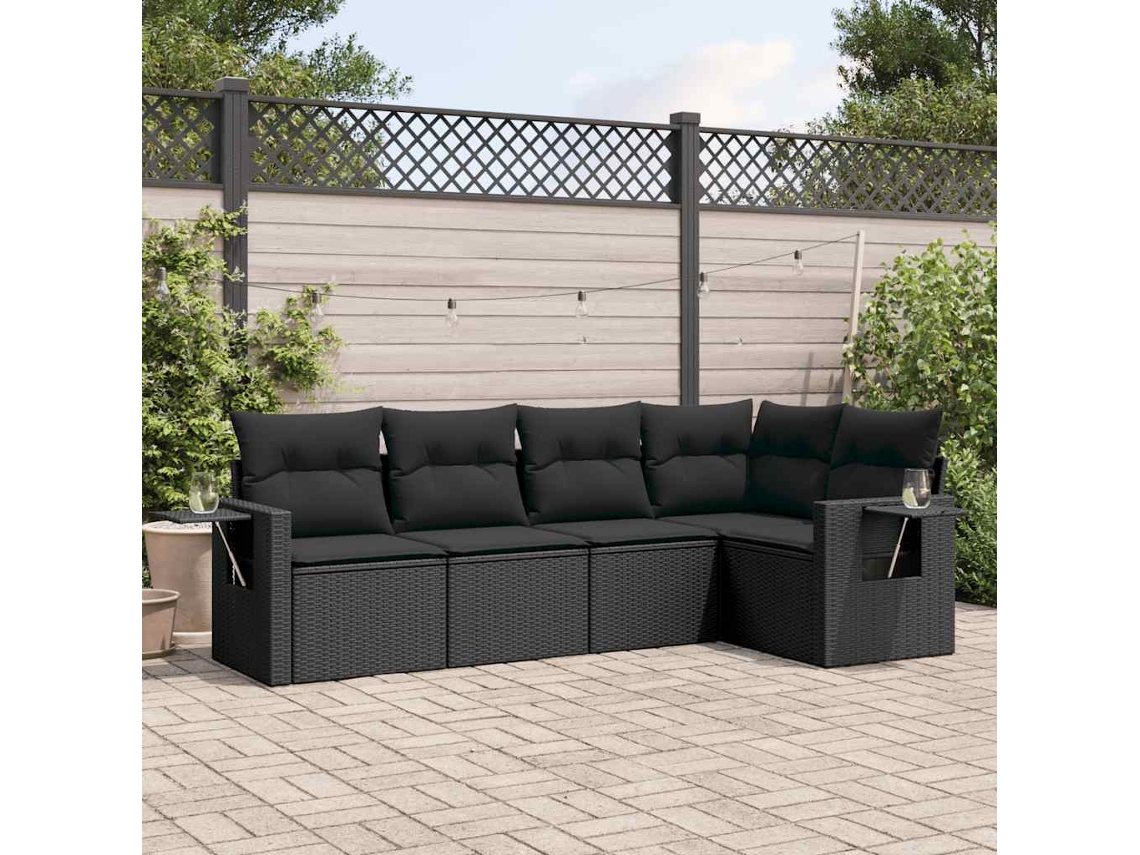 Vidaxl 5 Pcs Conjunto Sofás De Jardim Com Almofadões Vime Pe Preto