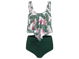 Traje de Banho Tankini com Babados e Cintura Alta, Poliester com Enchimento