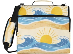 Pasta De 3 Argolas Com Estampa Ondas, Sol, Verão E Praia, Com Zíper, Alça De Ombro E Mão Fácil Transportar, Ideal