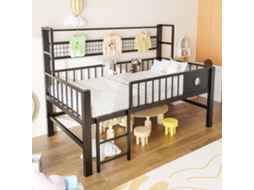 Cama Mezanino Baixo 90x200cm Estrutura Metálica com baú, gavetas, cabideiro, segurança Preto KOMHTOM