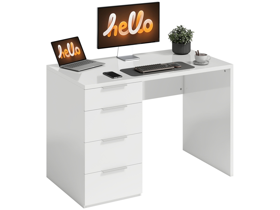 Mesa De Computador Compacta Com 4 Gavetas, 110 X 61,5 X 75 Cm, Branca