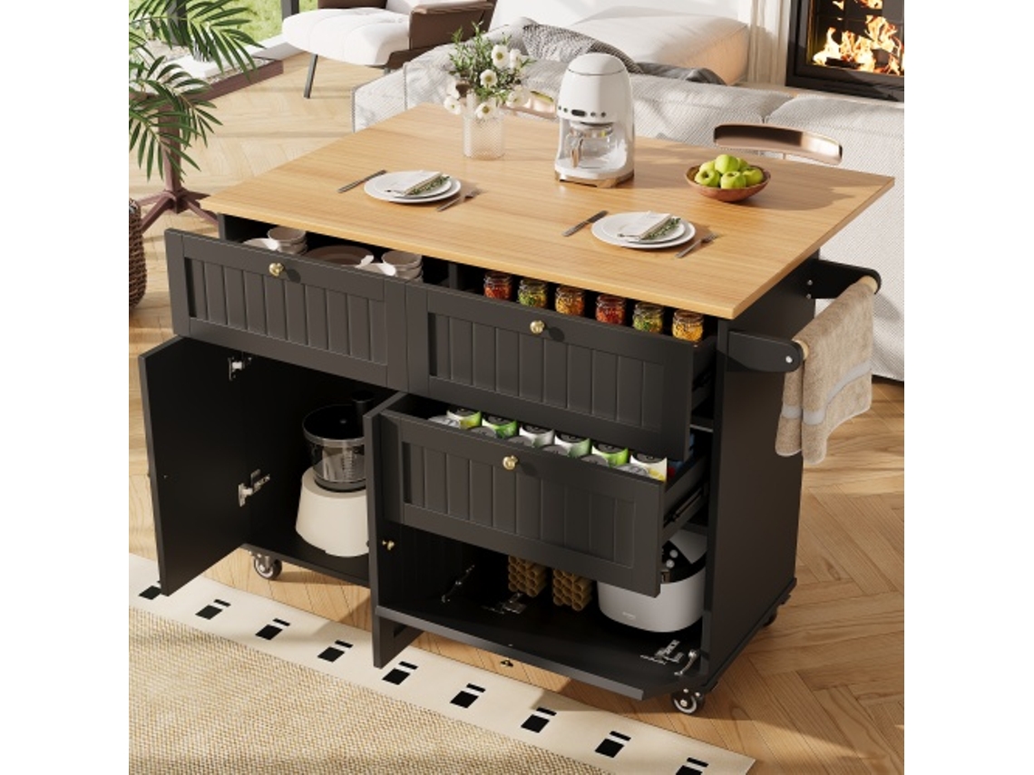 Ilha De Cozinha Moderna Com Aspeto Madeira, Mesa Multifuncional Com Arrumação, Função Extensível, Preto