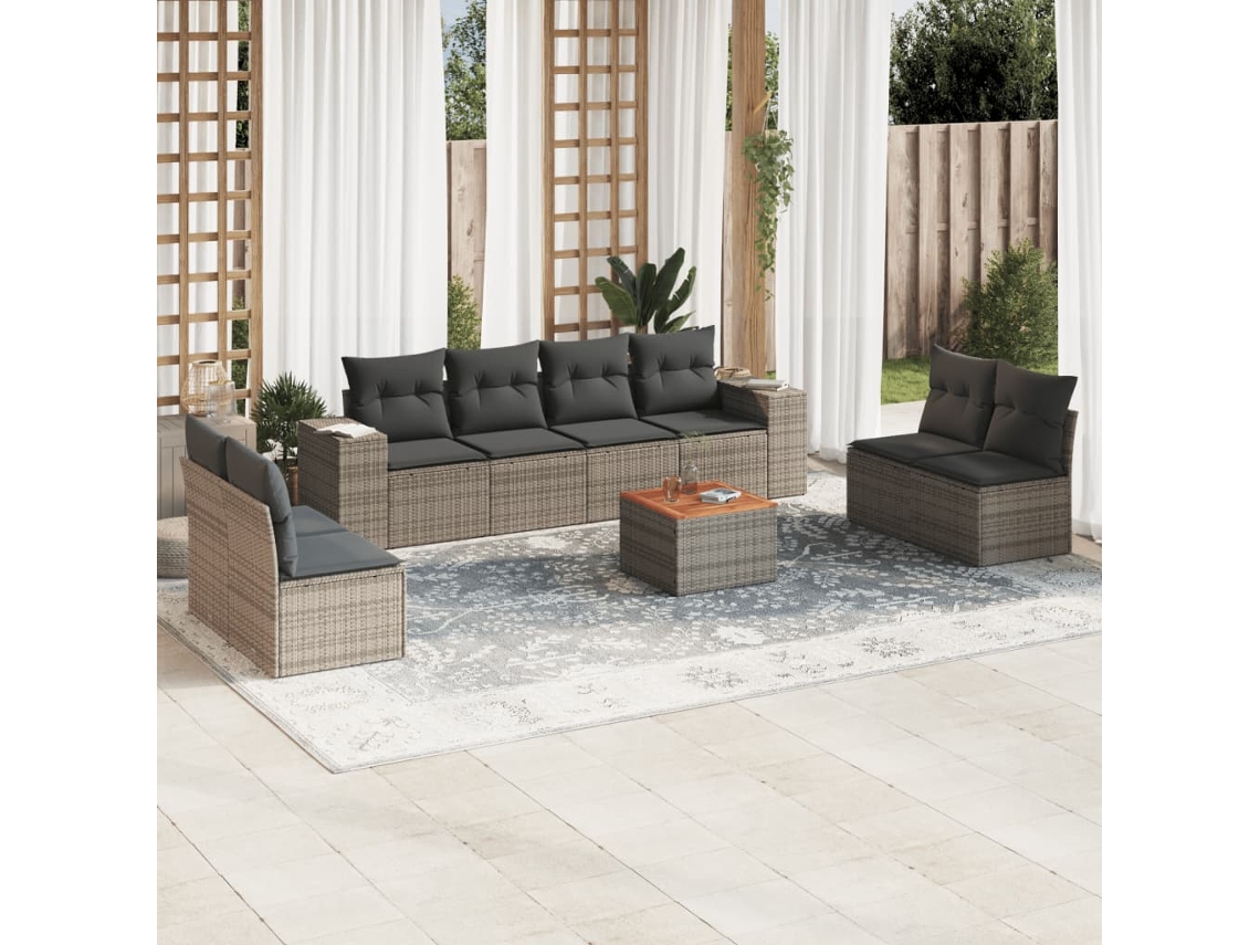 Vidaxl 9 Pcs Conjunto Sofás P/ Jardim Com Almofadões Vime Pe Cinzento