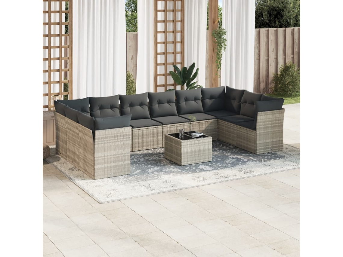 Vidaxl 11 Pcs Conjunto Sofás De Jardim C/ Almofadões Vime Pe Cinzento
