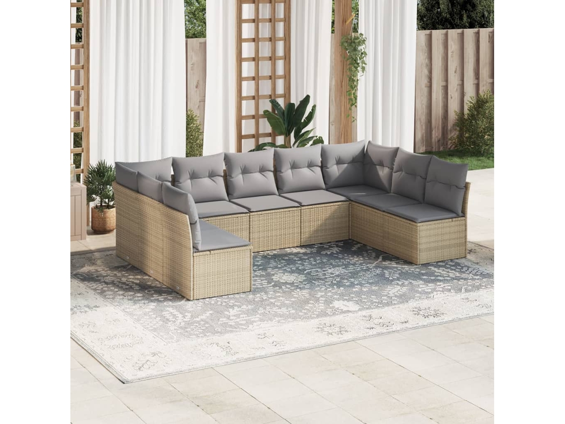Vidaxl 9 Pcs Conjunto De Sofás P/ Jardim Com Almofadões Vime Pe Bege