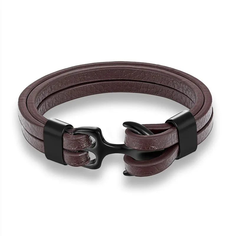 Pulseira Masculina Em Couro Genuíno Com Pingente De Âncora E Fecho Em Aço Inoxidável.