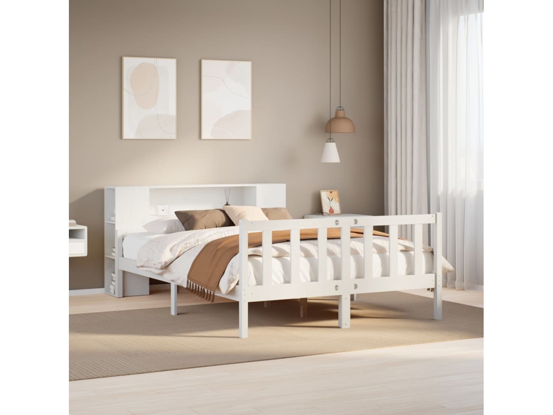 Vidaxl Cama Com Estante Sem Colchão 160x200 Cm Pinho Maciço Branco