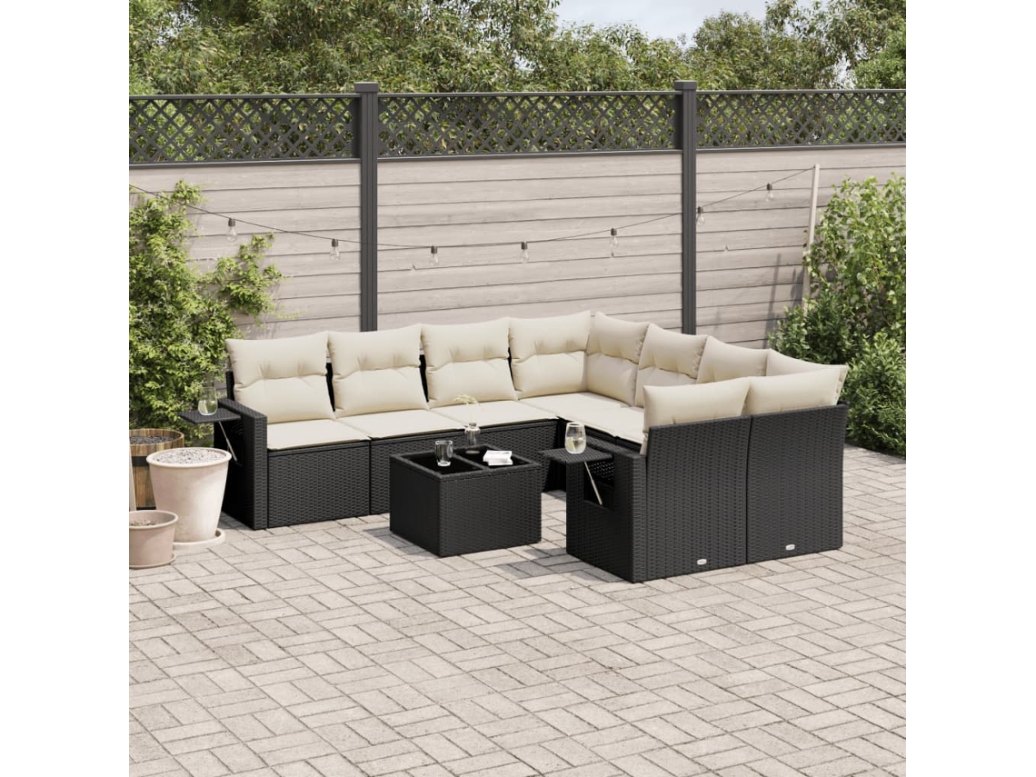 9 Pcs Conjunto De Sofás P/ Jardim C/ Almofadões Vime Pe Preto Dkd Home Decor