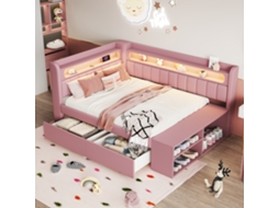 Canapé-rembourré Iluminado 90x200 Cm Rosa Con Puerto Usb, Banda Led, Mueble Con Zapatos Y Dos Tiroirs De Gama