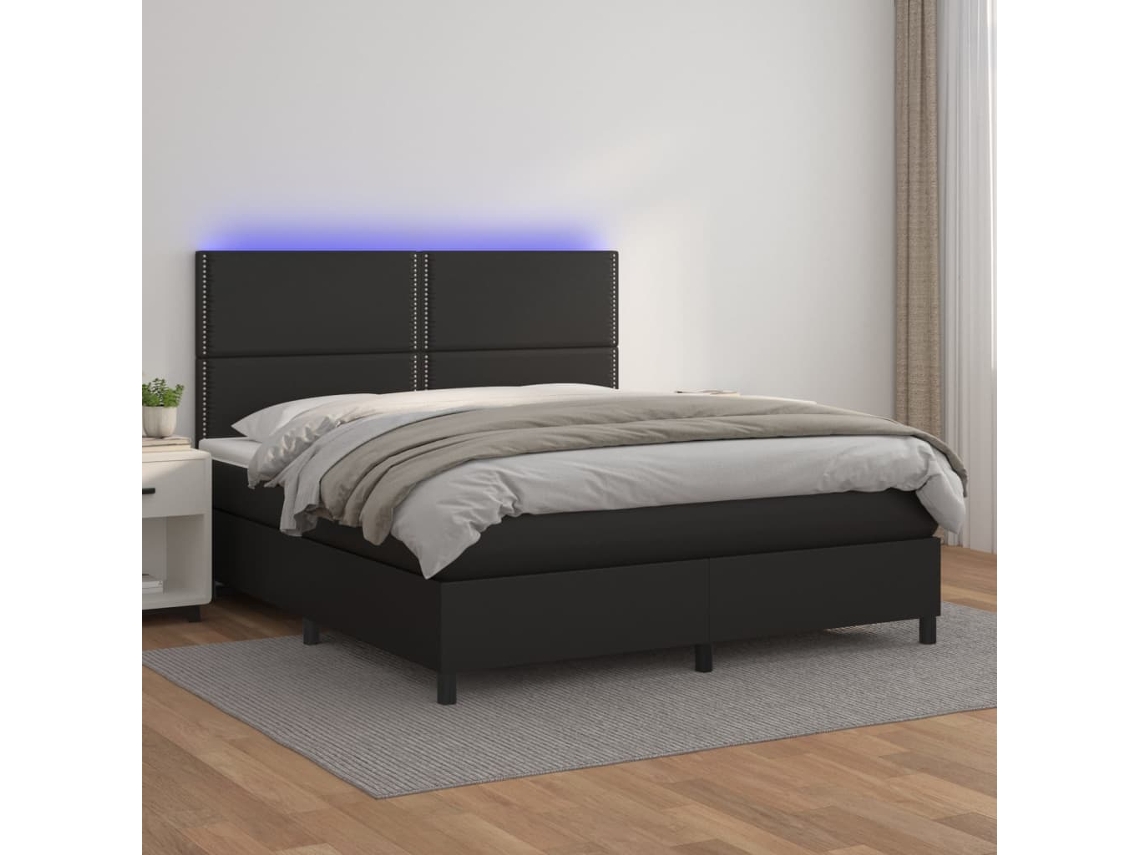 Vidaxl Cama Box Spring C/ Colchão/led 180x200cm Couro Artificial Preto