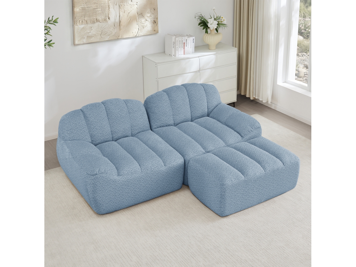 Sofá Modular Em L 2 Lugares Com Pufe E Assento Profundo, Azul