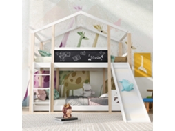 Cama Alta 90x200cm Crianças Com Escorrega, Escada E Prateleiras Natural Branco