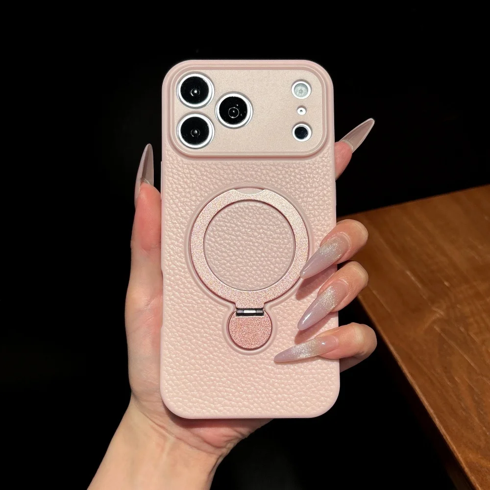 Capa Protetora Com Suporte Magnético (rosa Para Iphone 15), Resistente A Impactos E Com Textura De Couro.