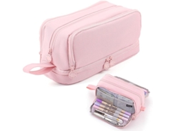 Estojo com 4 Compartimentos Grande Capacidade com Zíper e Alça Portátil para Escola Escritório (rosa)