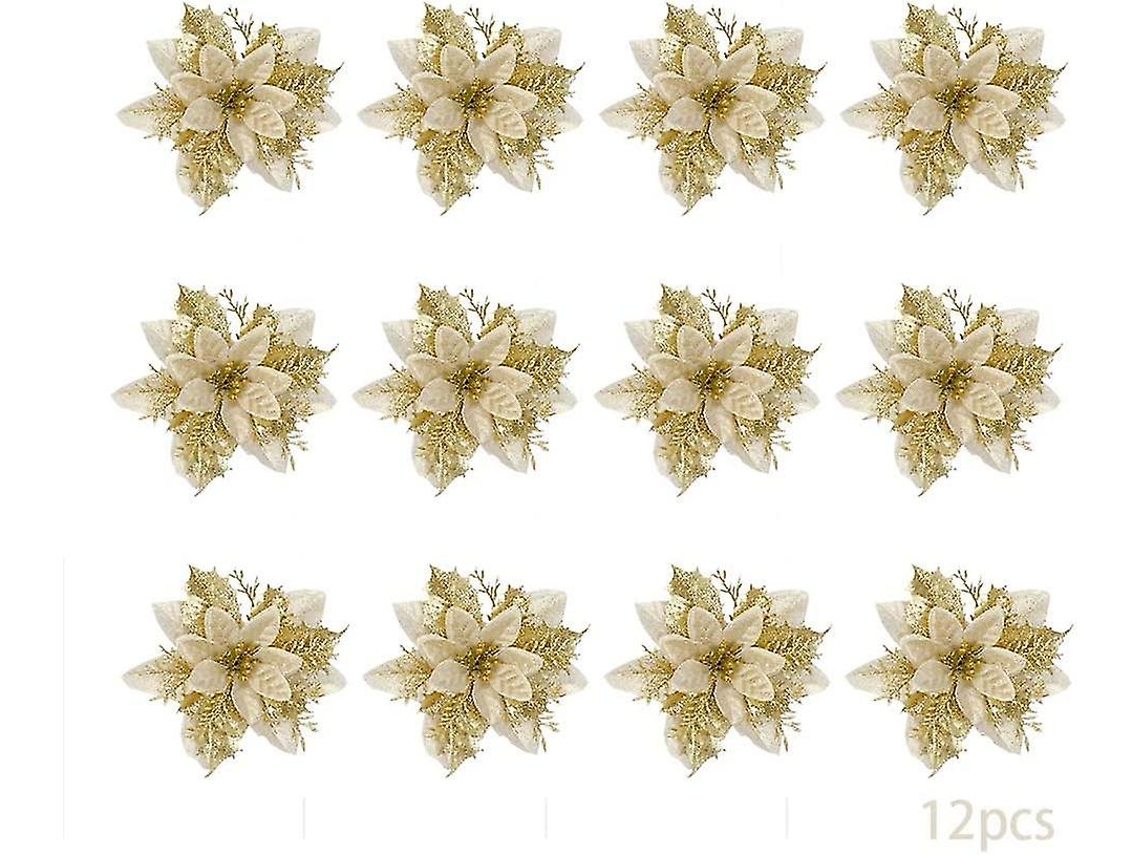 Rebe 12pcs Flores de Navidad Artificiales, Poinsettias Con Brillo, Adornos para Árbol de Navidad Dorados