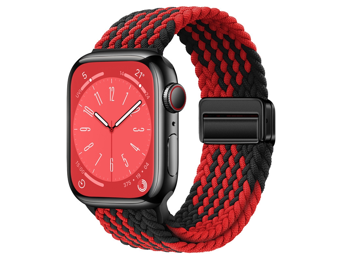 Pulseira magnética trançada em nylon preto e vermelho com padrão Z para Apple Watch S10 44 45 46 49mm