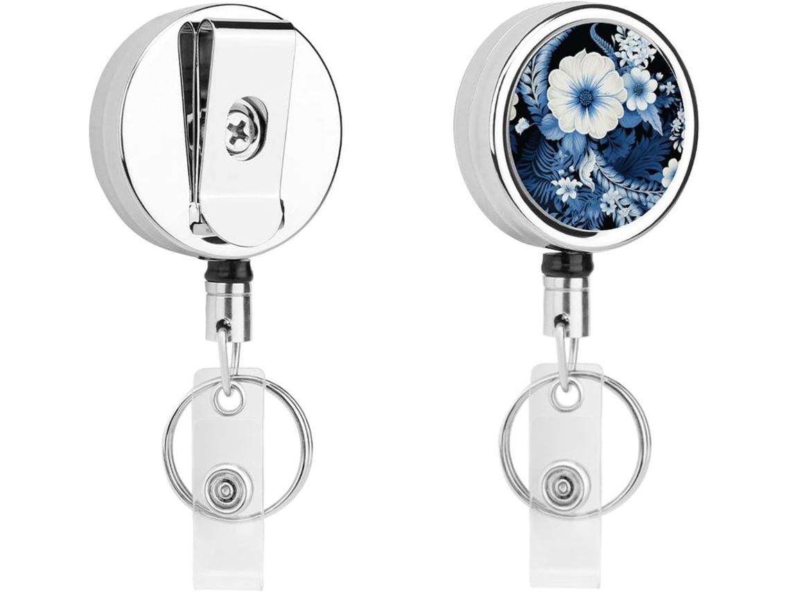 Porta-chaves de metal com estampa floral azul e branca, retrátil, com clipes resistentes, chaveiro de anel, suporte