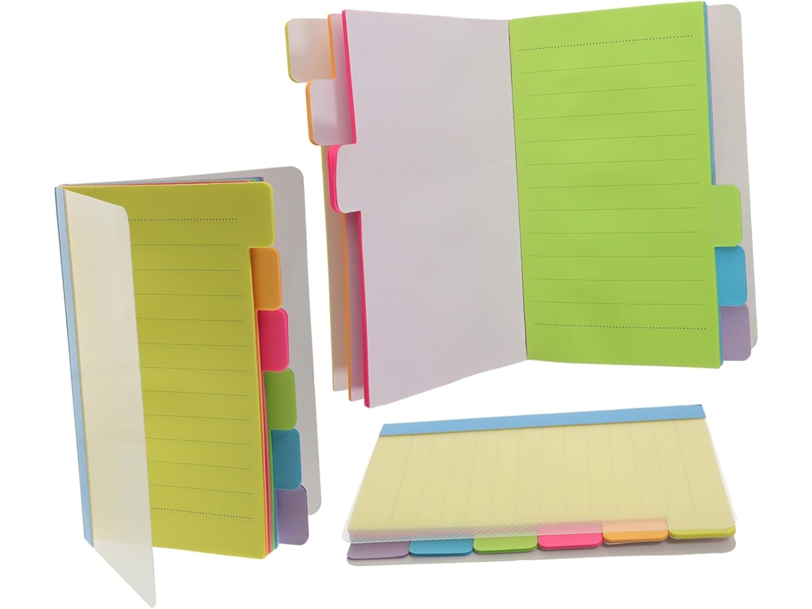 Bloco de notas portátil para compras com 3 livretos destacáveis e abas fluorescentes para planejamento.