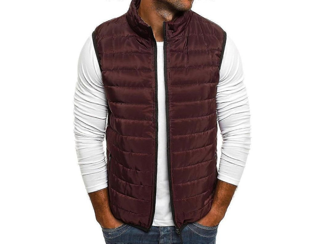 Colete De Inverno E Outono Para Homem Com Zíper Moda Cor Solida Jaqueta Sem Mangas Vinho